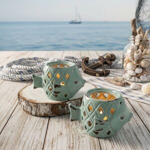 2 Aqua Fish-Shaped ceramic Candle Holders